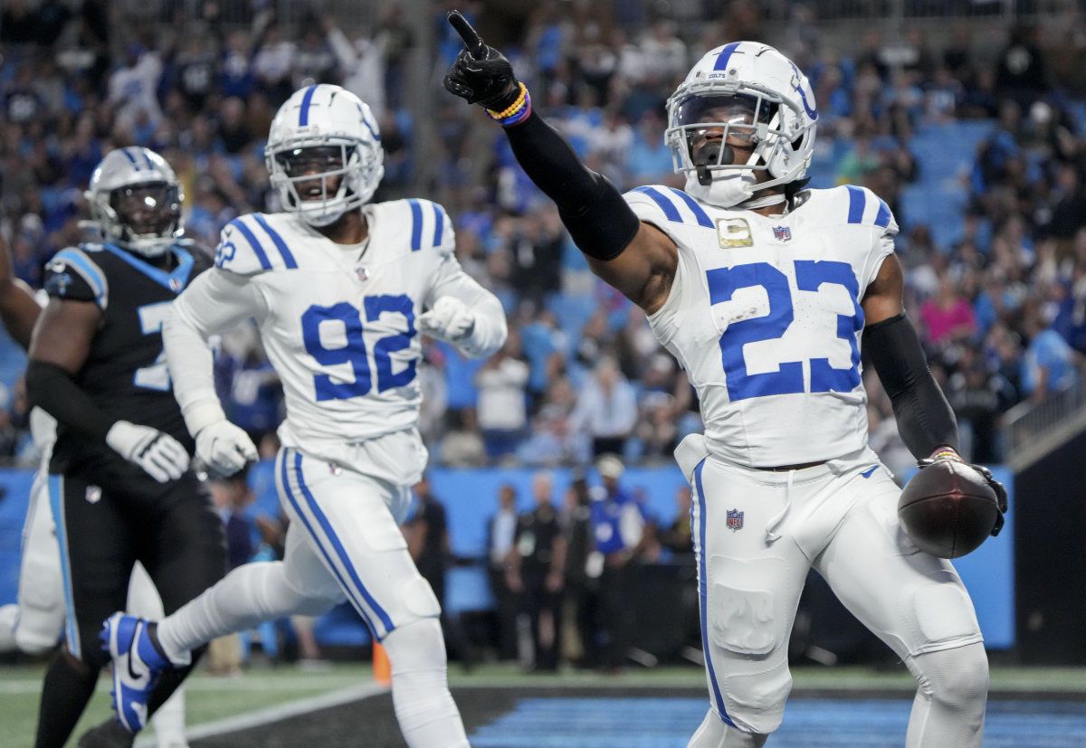 Nov 5, 2023, Charlotte, North Carolina, USA;Indianapolis Colts cornerback Kenny Moore II (23) runs 49 yards for a touchdown after intercepting a pass by Carolina Panthers quarterback Bryce Young (9) on Sunday at Bank of America Stadium in Charlotte. Mandatory Credit: Jenna Watson USA Today Network via Indianapolis Star